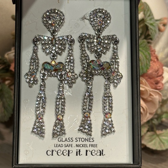 Piper K Jewelry - Piper K Crystal Skeleton Drop Earrings Glass Stones Silver Tone New